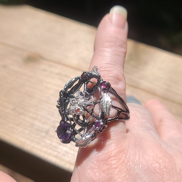 Amethyst & Garnet Sterling silver spiderweb ring sz8 - Picture 4 of 8